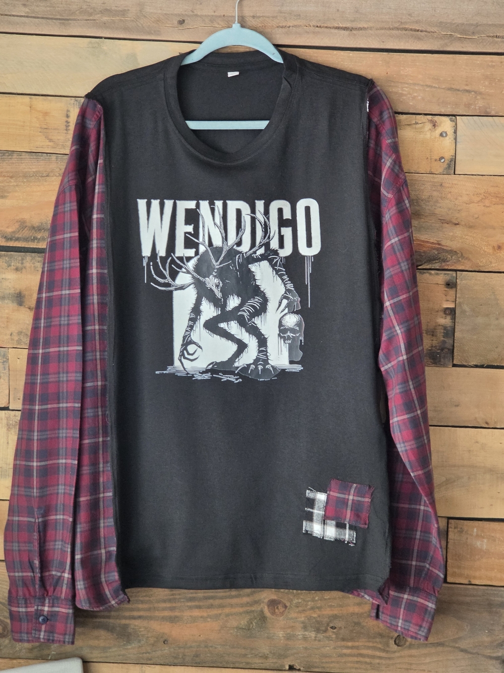 Upcycled Wendigo Graphic Layered-Look Long Sleeve Shirt - Black & Red Plaid